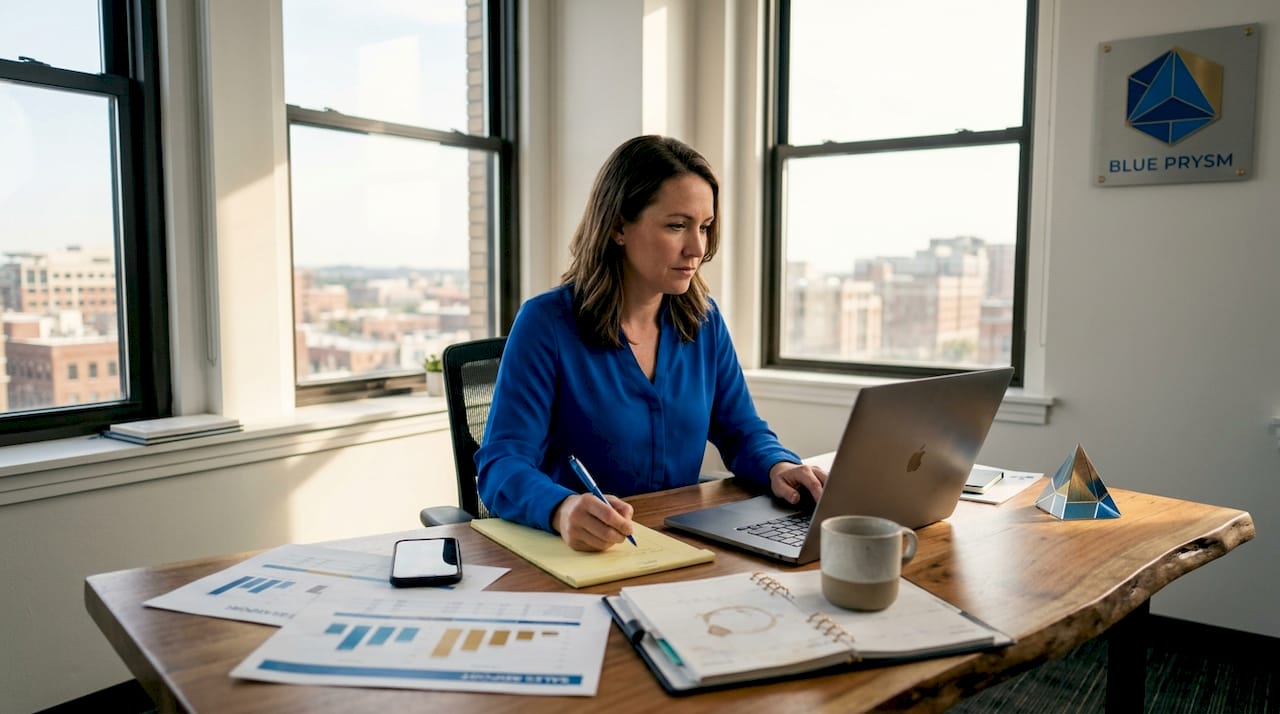 Business owner reviewing analytics in her office