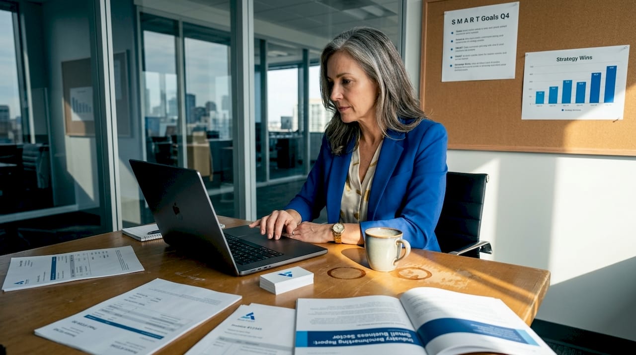 Business owner reviews data-driven strategy materials