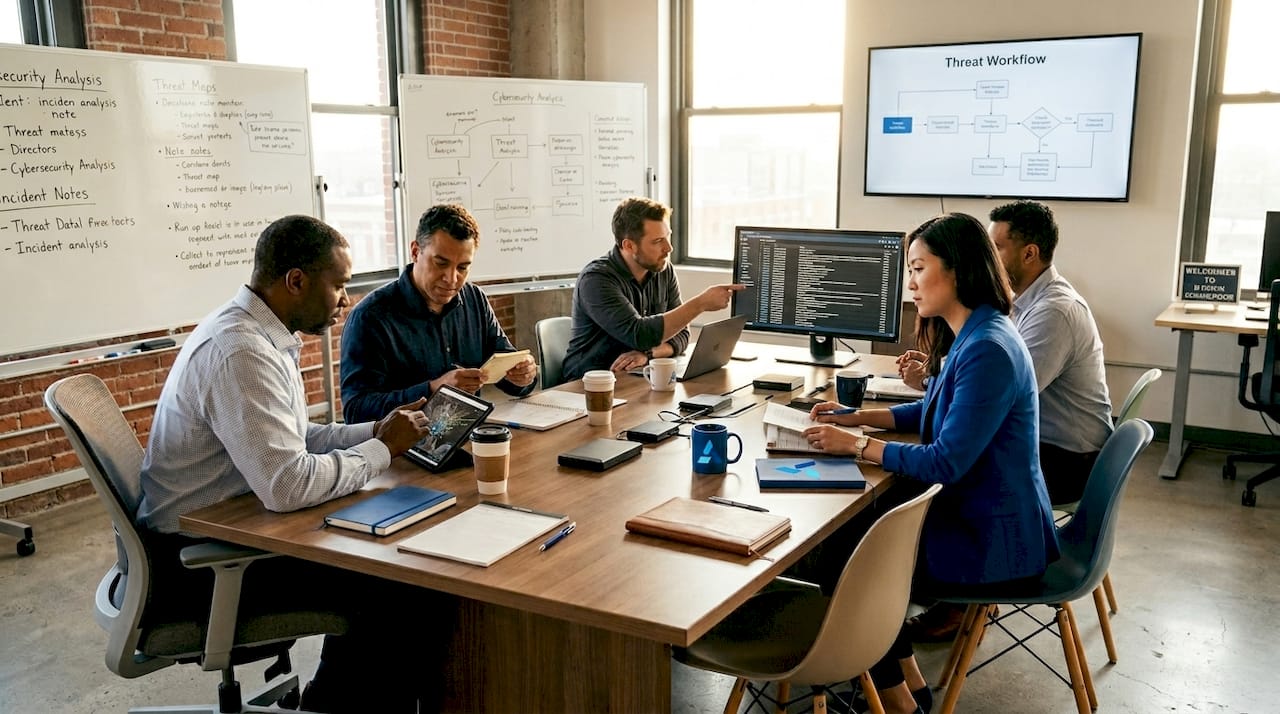 Analysts discussing threat workflow in office