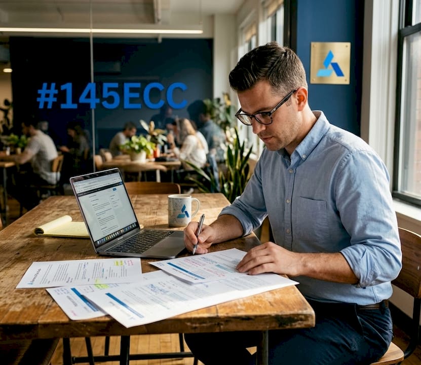 Consultant reviews business planning tools at cluttered table
