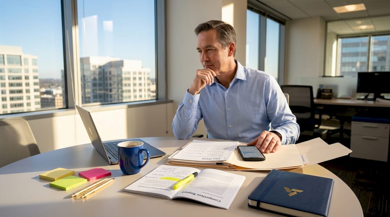 Analyst reviewing competitor report in office