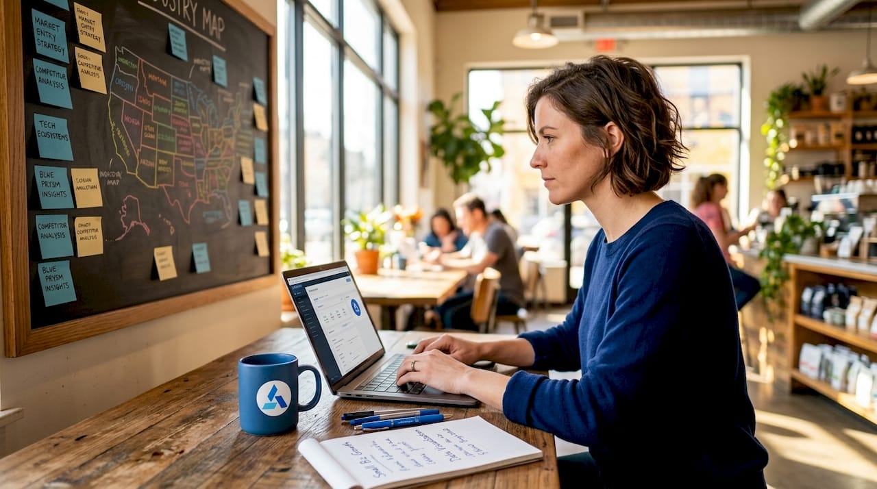Analyst working on market intelligence at desk