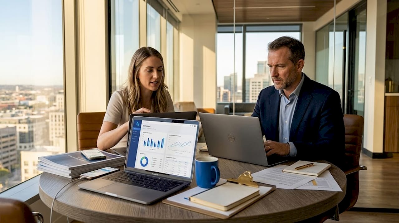 Business professionals reviewing software comparison