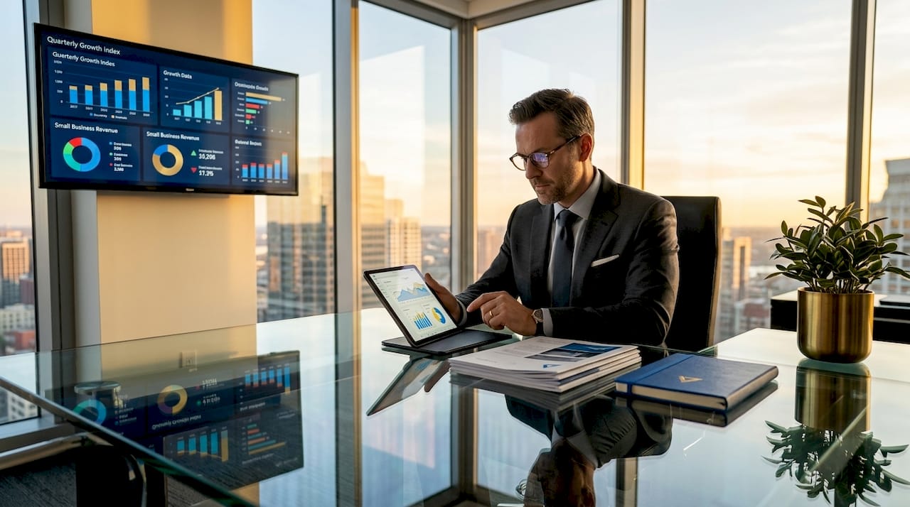 Business leader analyzing AI dashboard in corner office
