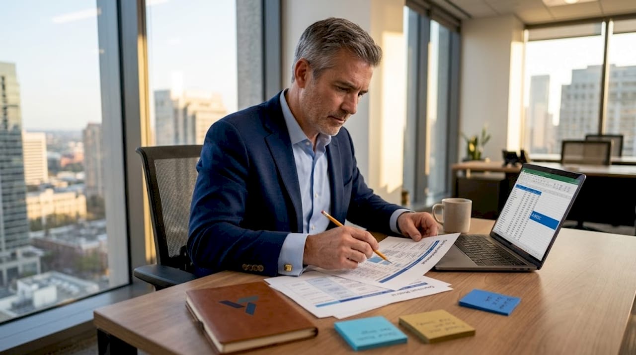 Executive analyzing decisions at office desk