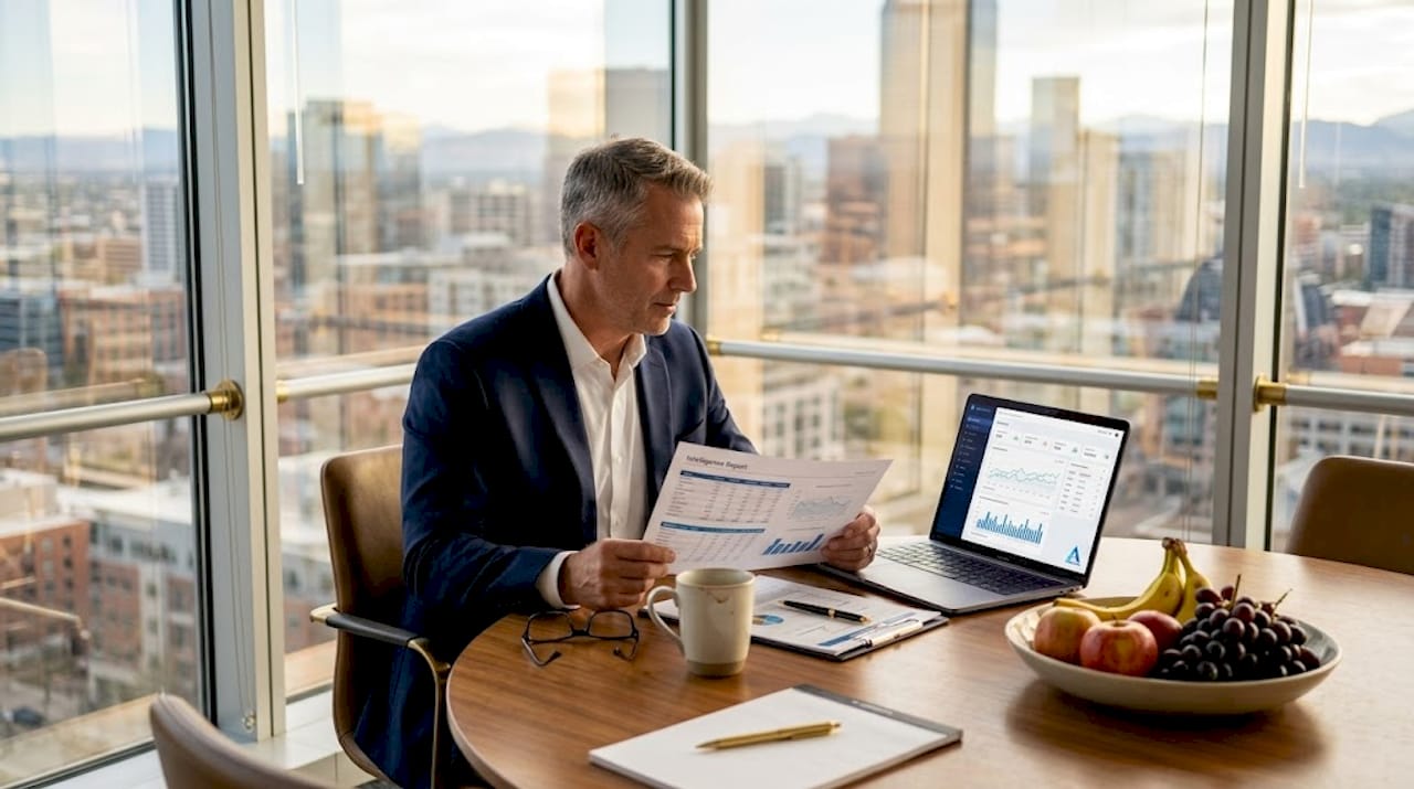 Executive reviewing intelligence report by window