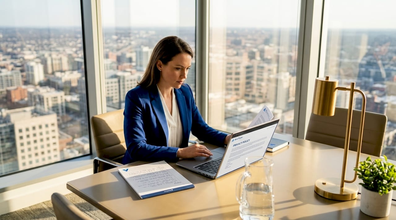 Business analyst reviews privacy strategy in meeting