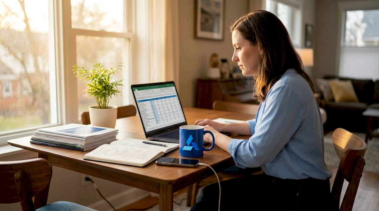 Business analyst benchmarking at home office table