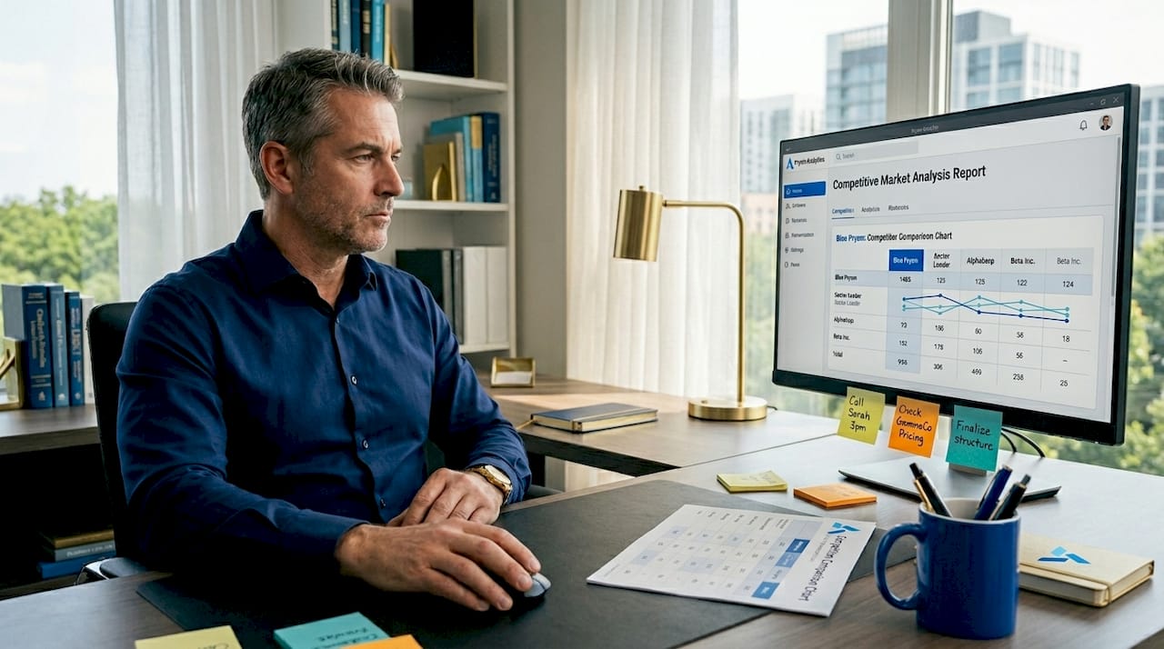 Business strategist reviewing market analysis