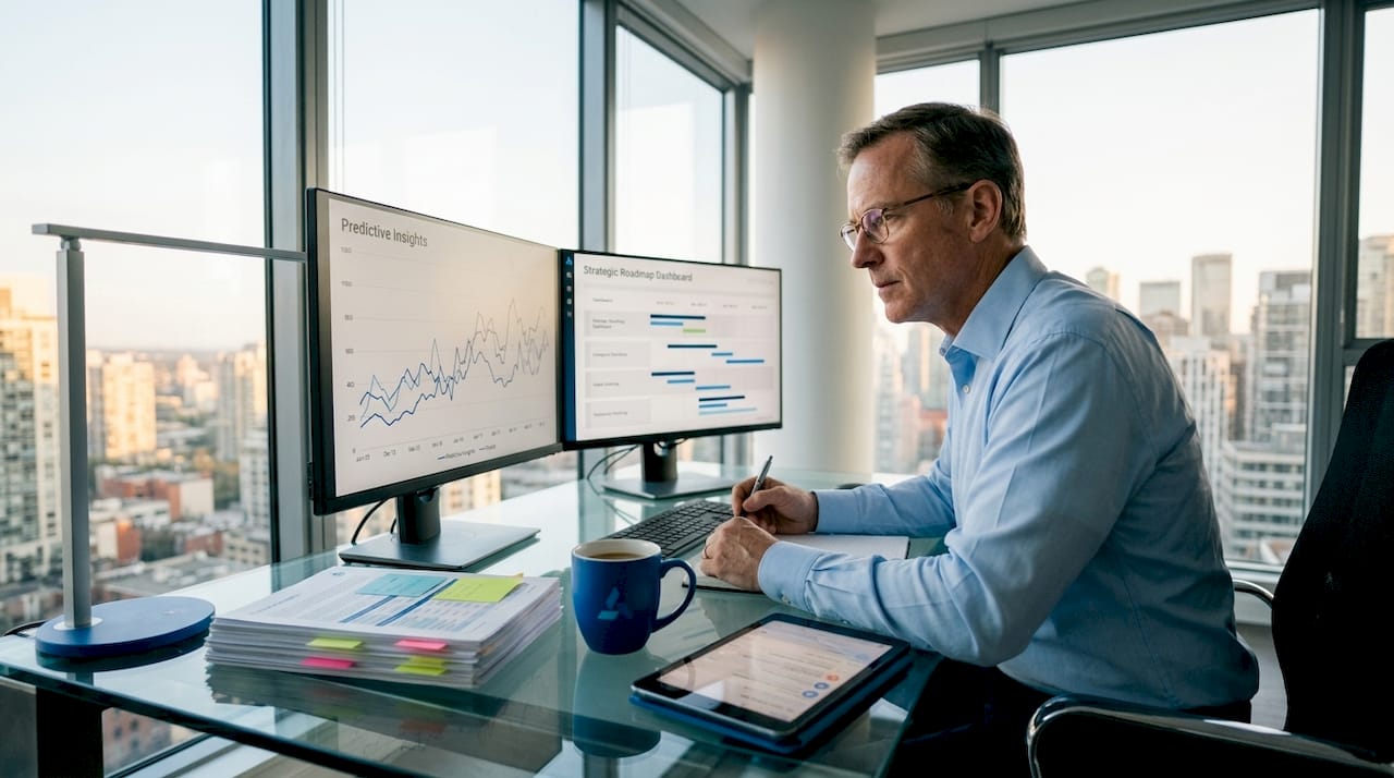 Business leader reviewing AI strategy data