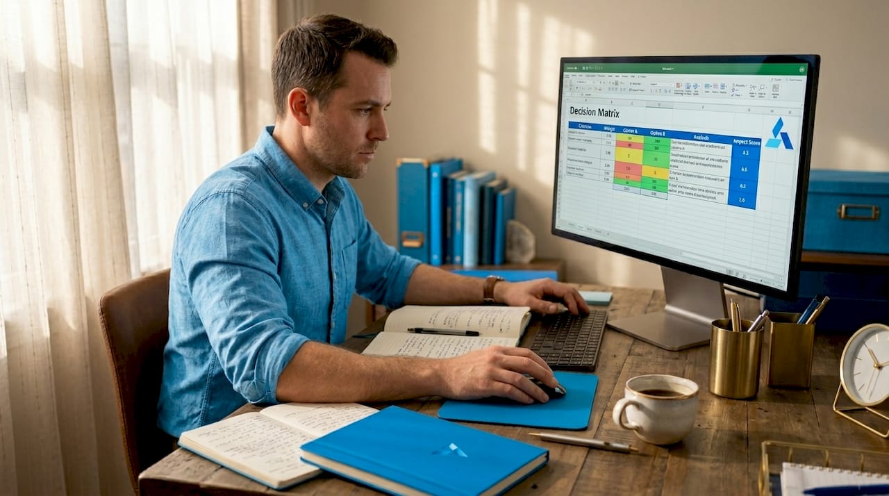 Business analyst working on decision tools at desk