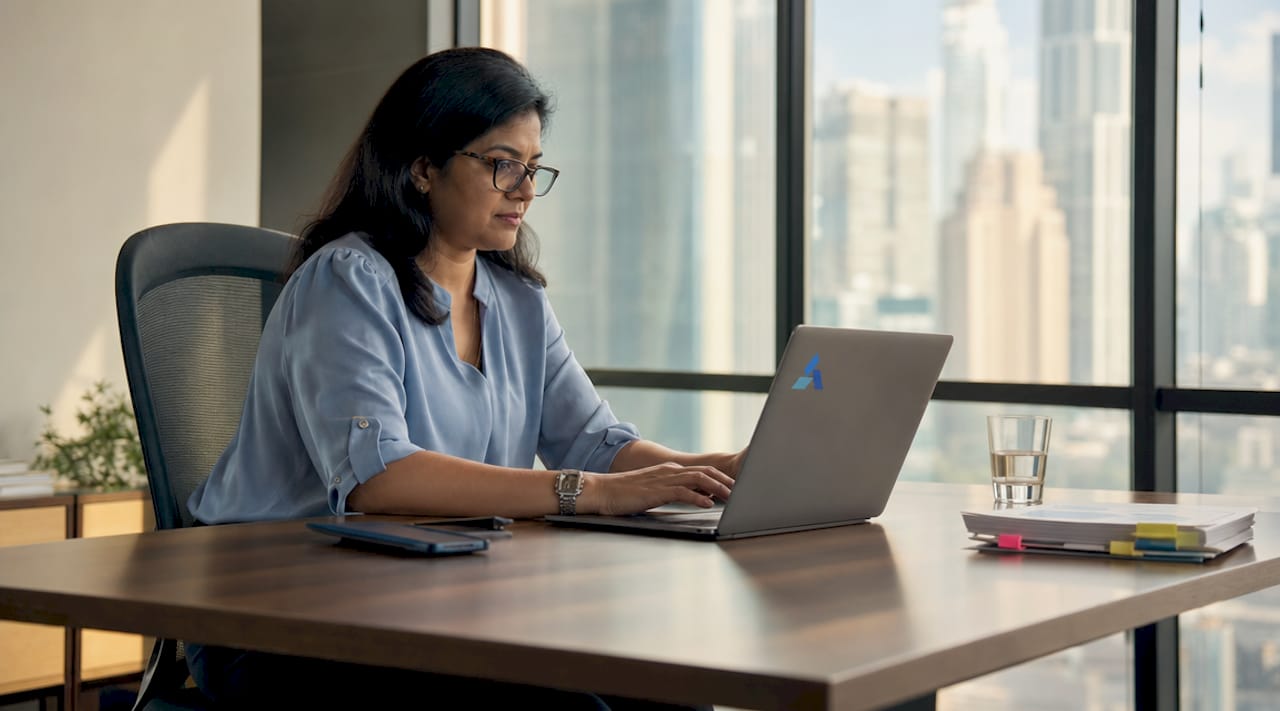Businesswoman reviewing AI data insights on laptop