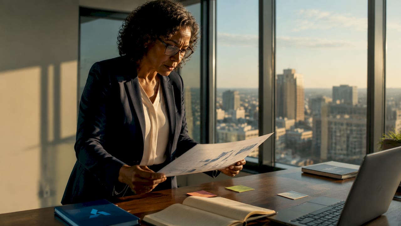 Business leader reviewing strategic plan documents
