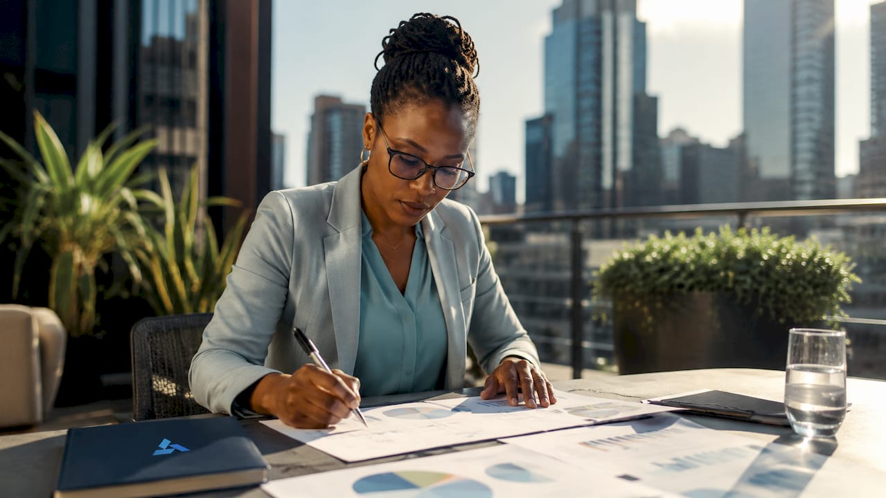 Businesswoman analyzing data at office desk