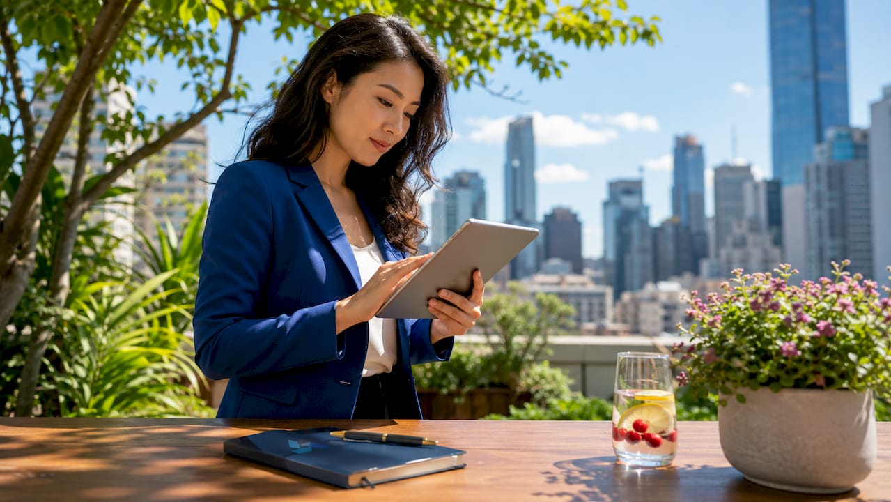 Businesswoman reviewing strategic intelligence software