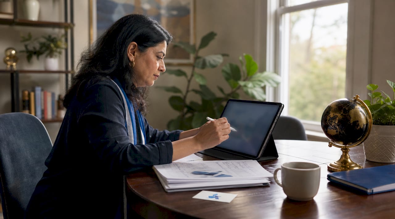 Woman analyst reviewing data dashboard at office desk