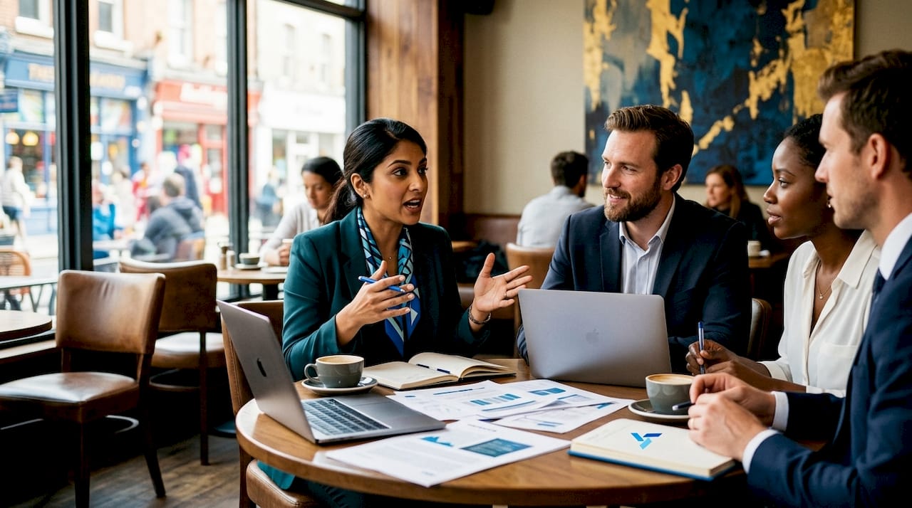 Team collaborating around table on insights