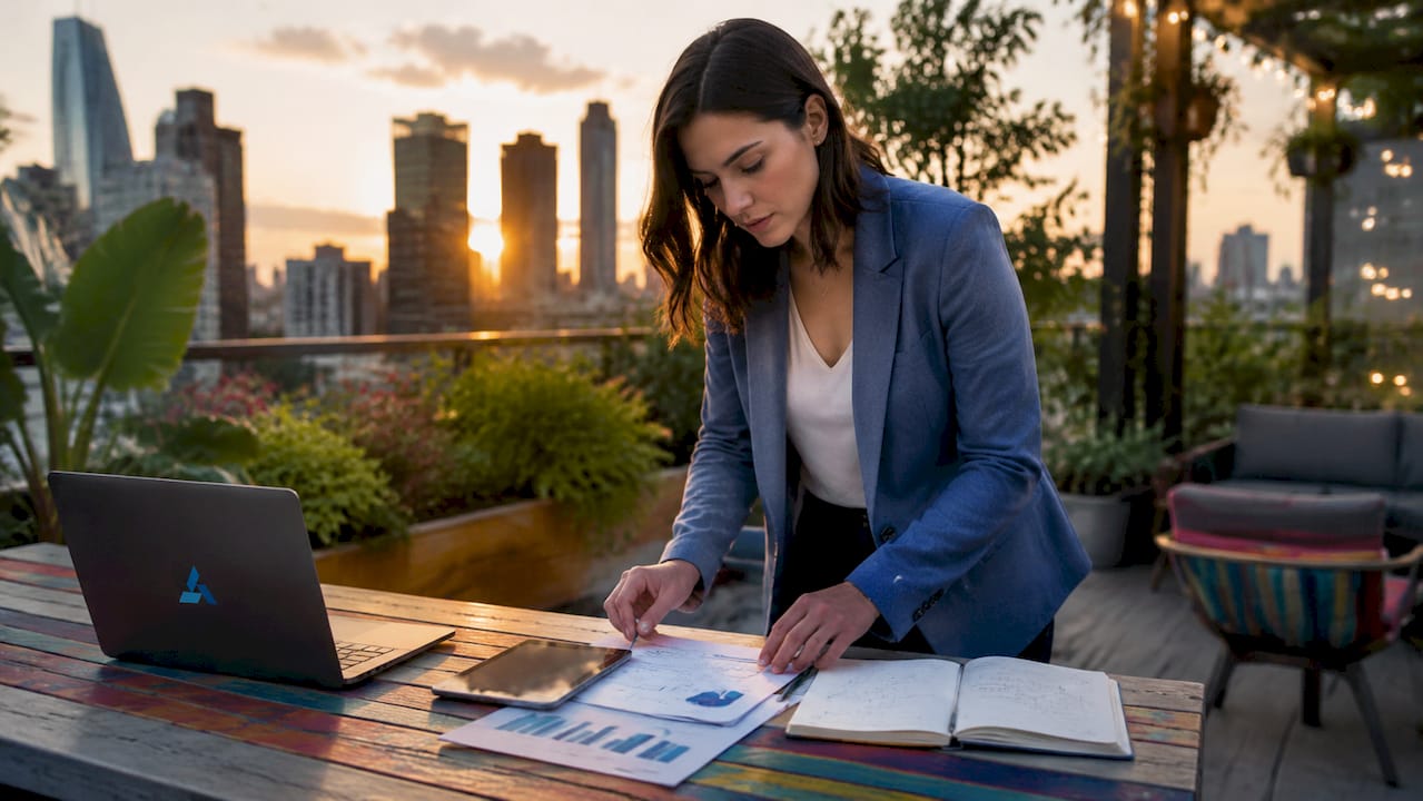 Businesswoman organizing data reports at desk