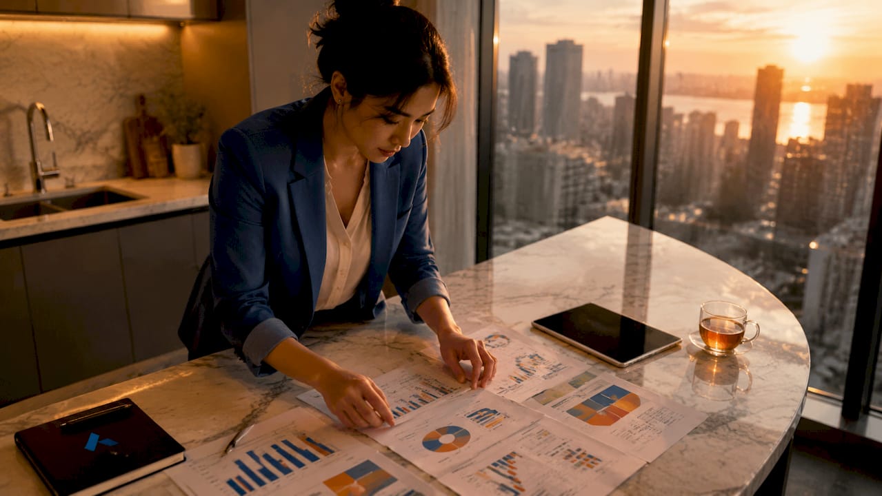 Professional woman organizing media intelligence reports at office table