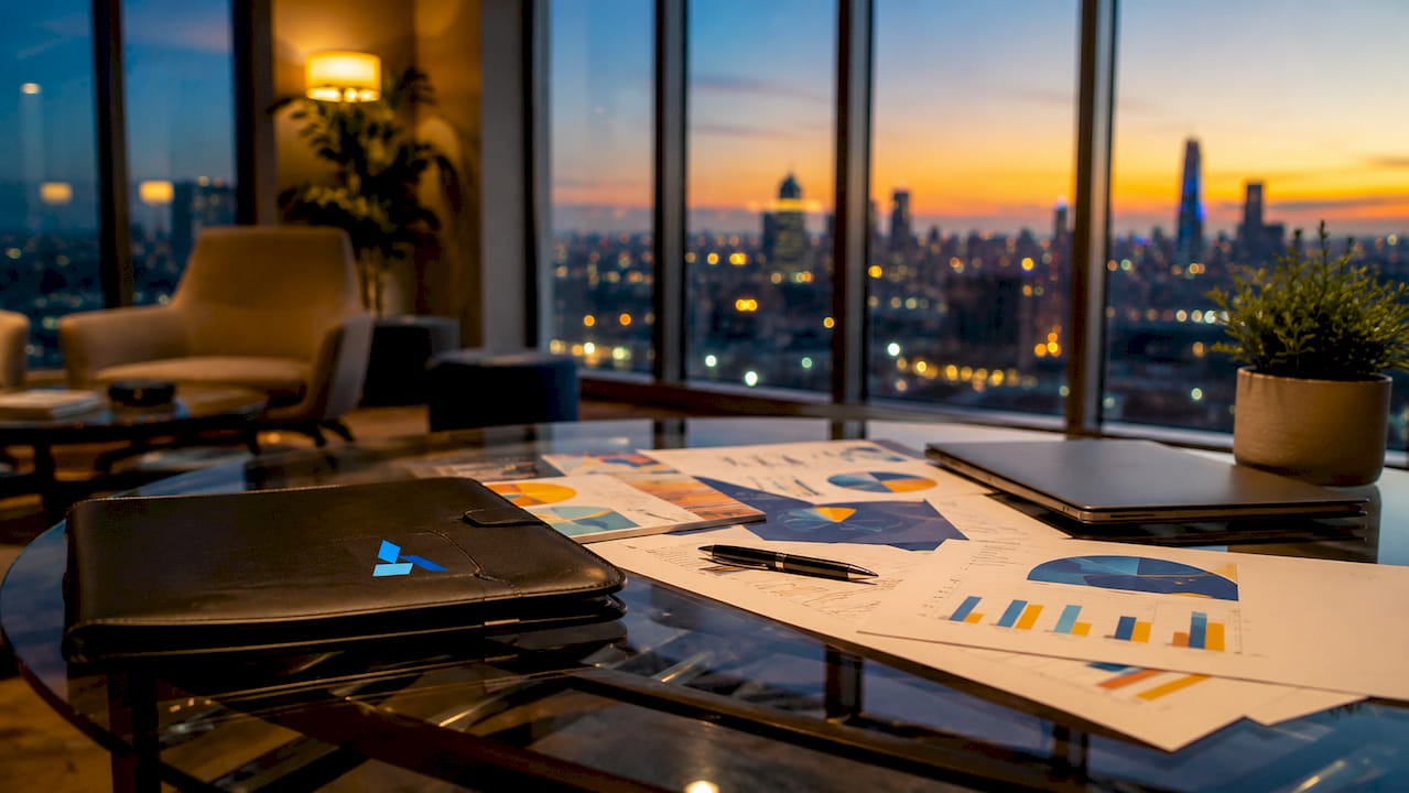 Corporate meeting room with Blue Prysm branded binder and documents