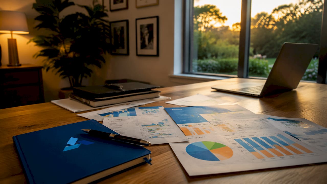 Workspace with Blue Prysm logo and business data documents