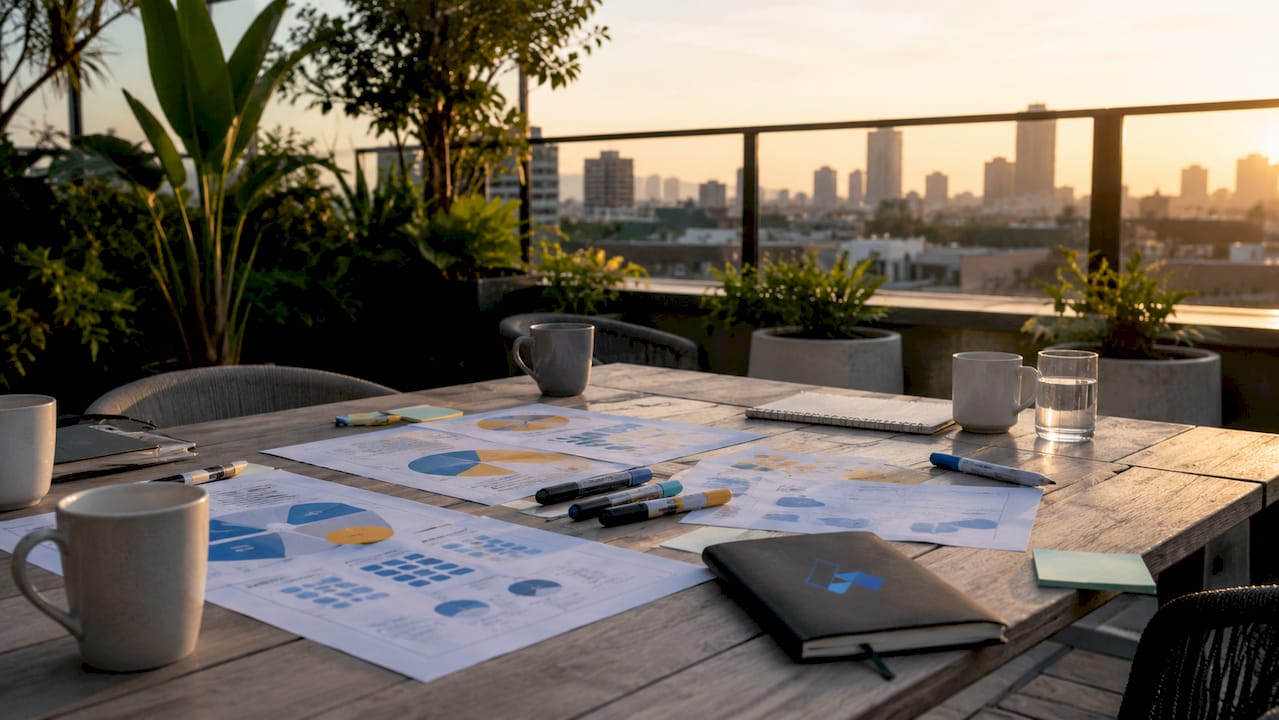 Empty conference room setup for scenario planning with Blue Prysm logo