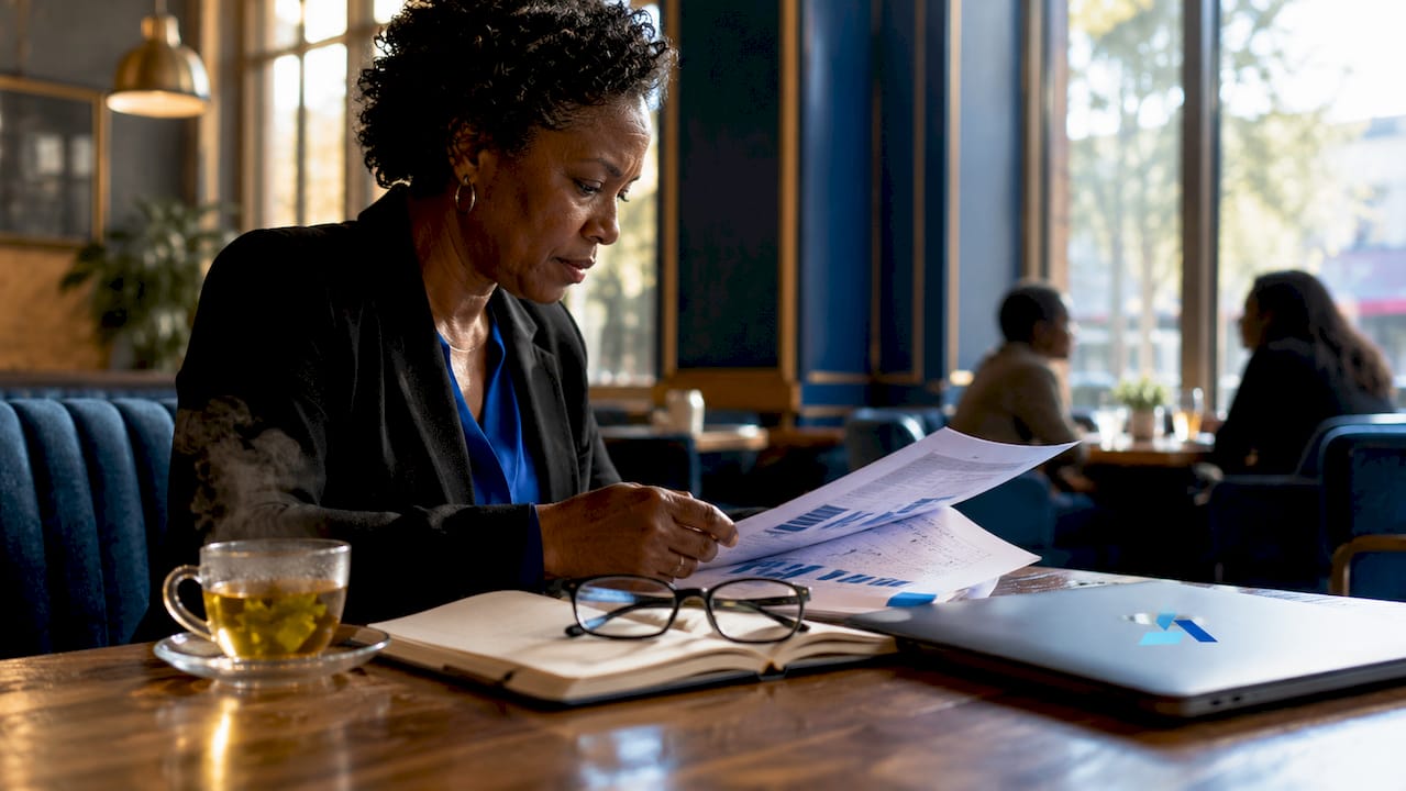 Data analyst arranging business data sheets