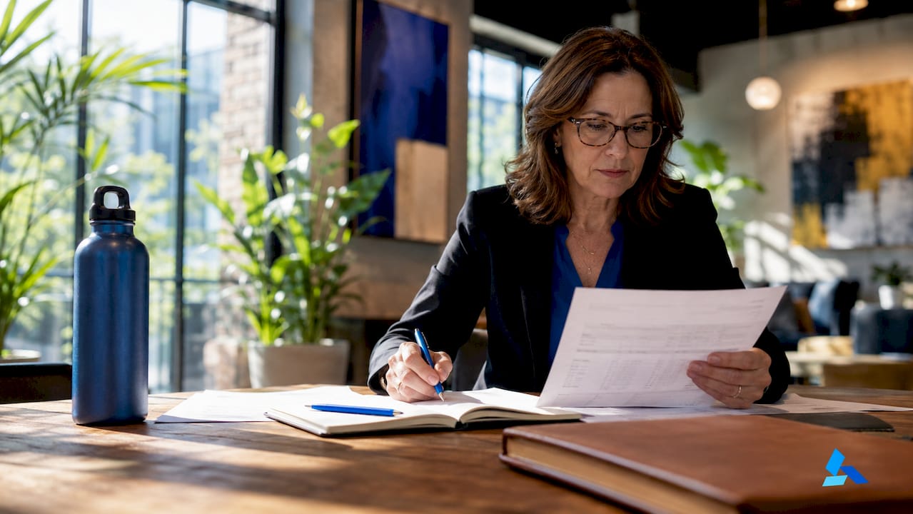 Businesswoman reviewing scenario testing report