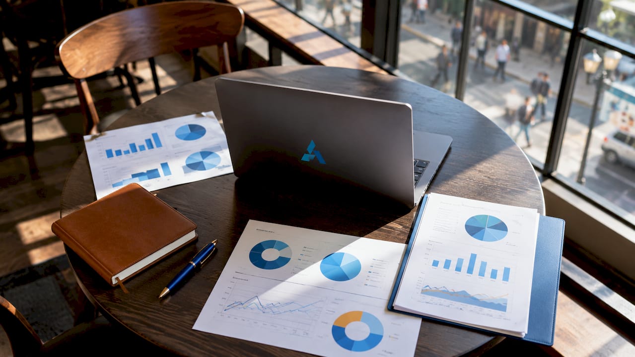 Office desk with Blue Prysm logo and monitors