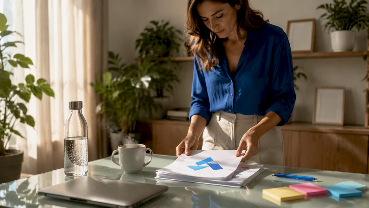 Entrepreneur organizing research reports at desk
