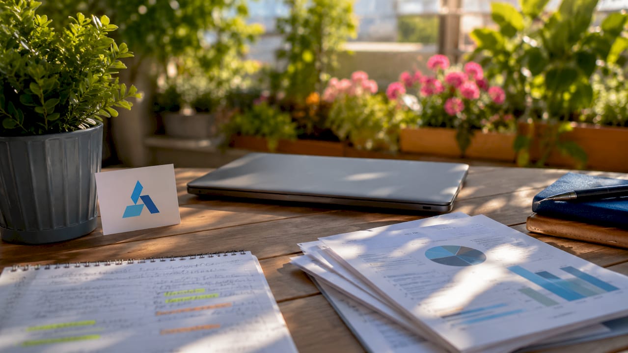 Workspace with Blue Prysm logo and market intelligence materials