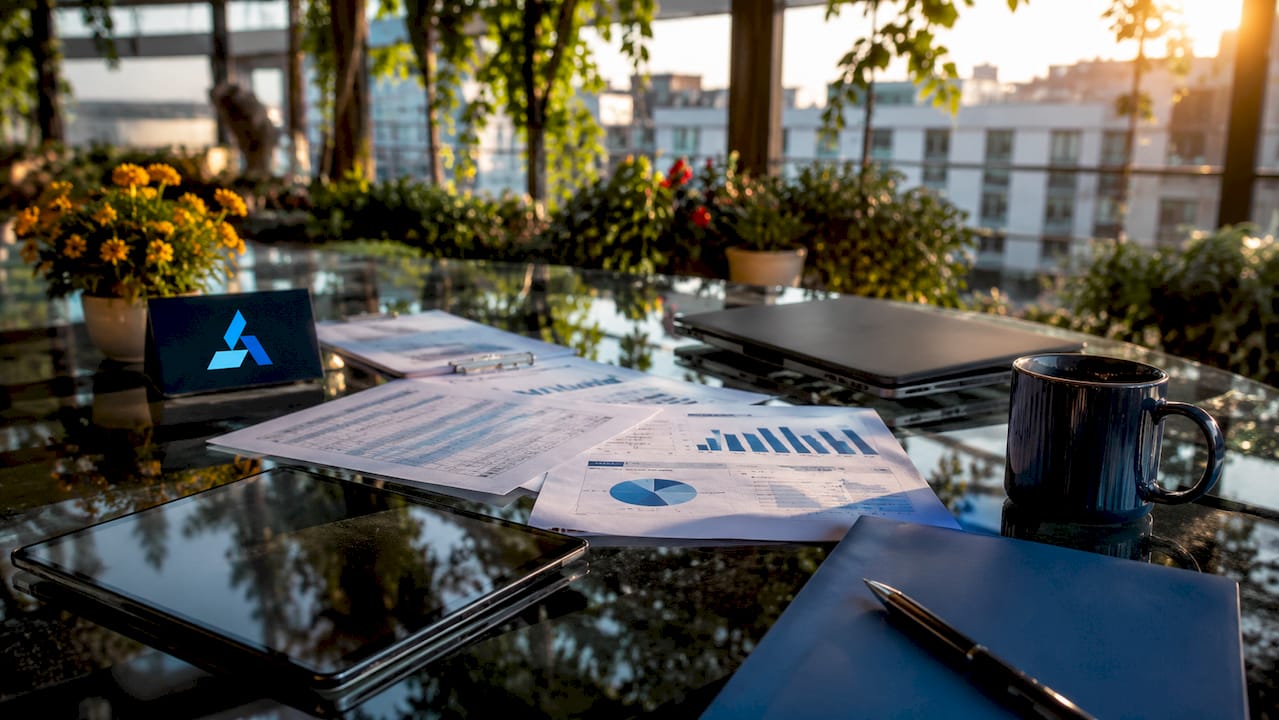 Business analyst workspace with Blue Prysm logo and data materials