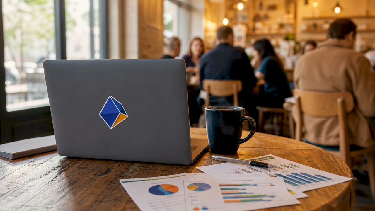 Minimalist workspace featuring Blue Prysm logo on desk