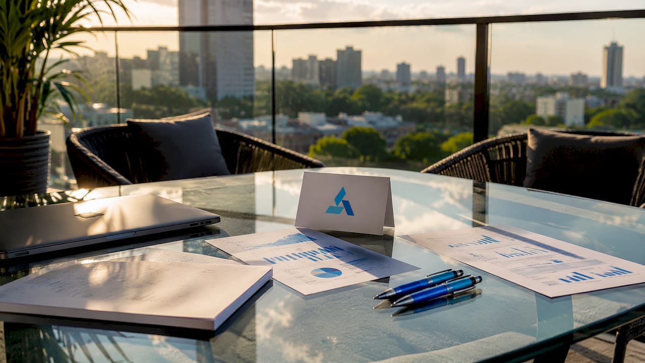Conference room table with marketing brief materials and Blue Prysm logo