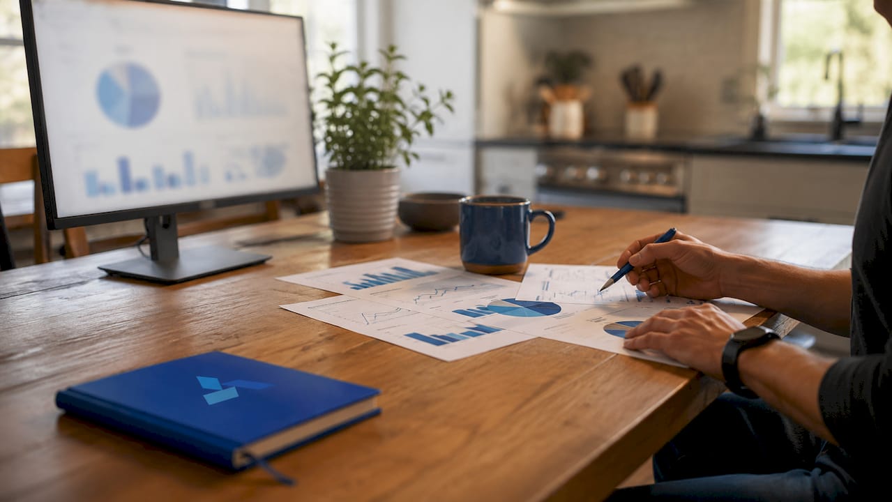 Objects arranged for market trend analysis tools setup with Blue Prysm Logo