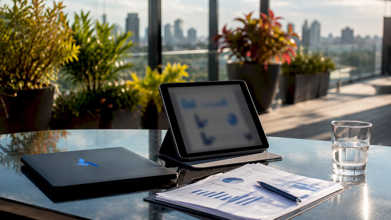 Workspace with analytics device and Blue Prysm logo