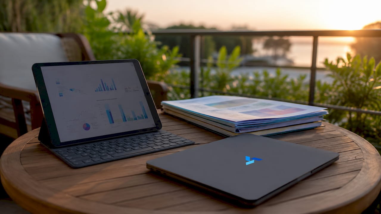 Home office desk with analytics devices