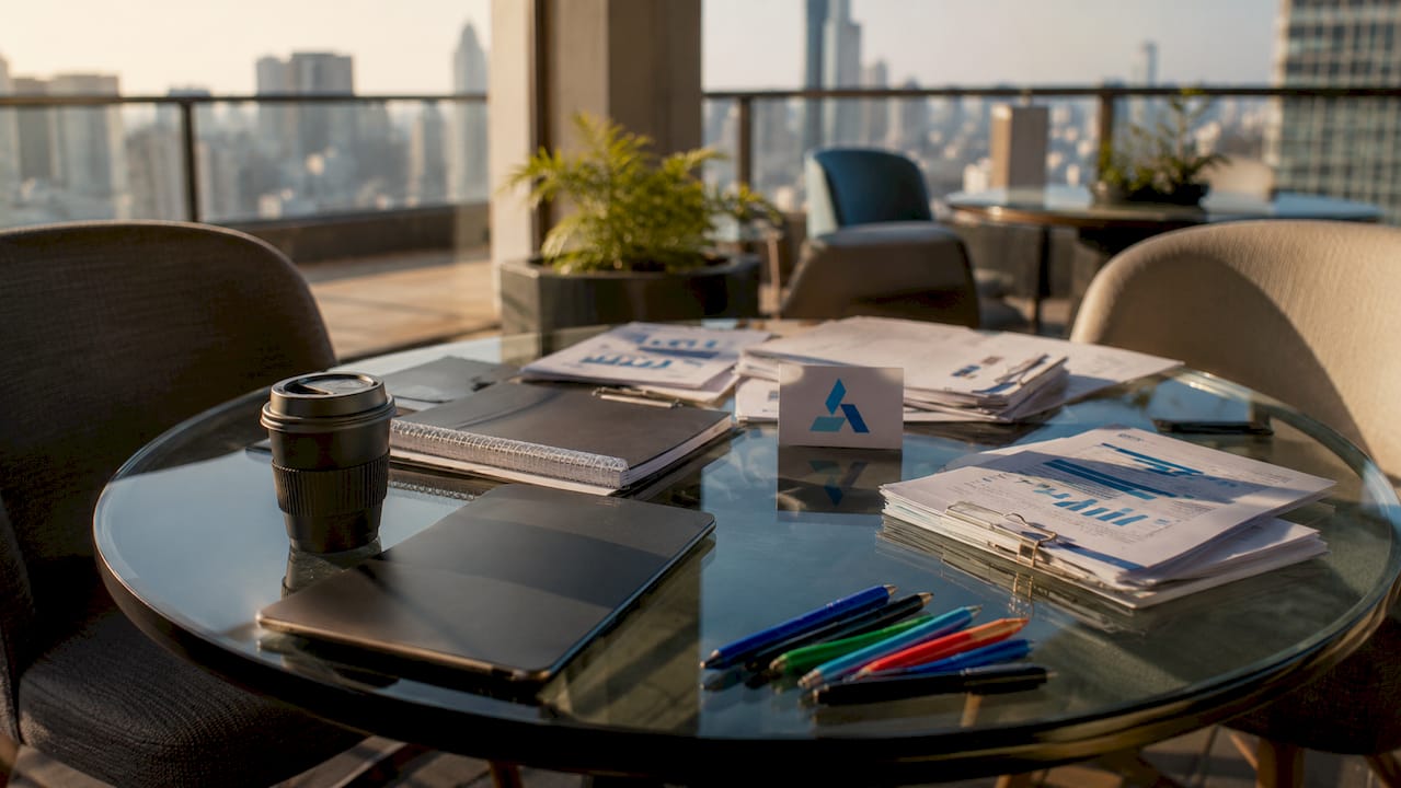 Empty boardroom with Blue Prysm logo and strategic planning materials