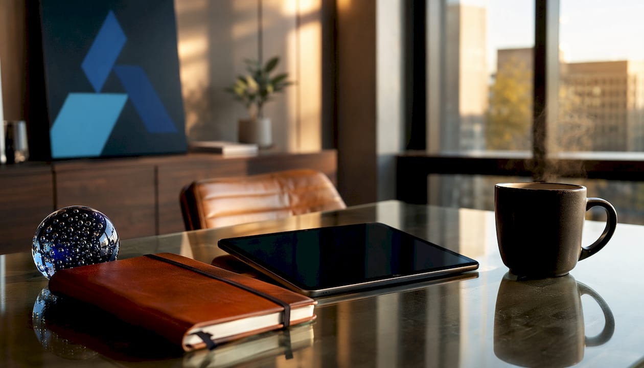Corporate meeting room with briefing tools and Blue Prysm logo