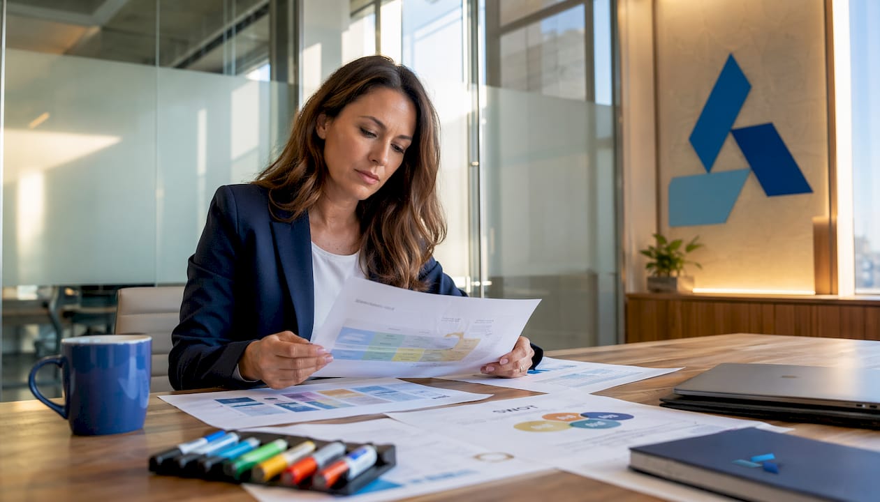 Strategist reviewing business strategy documents in office