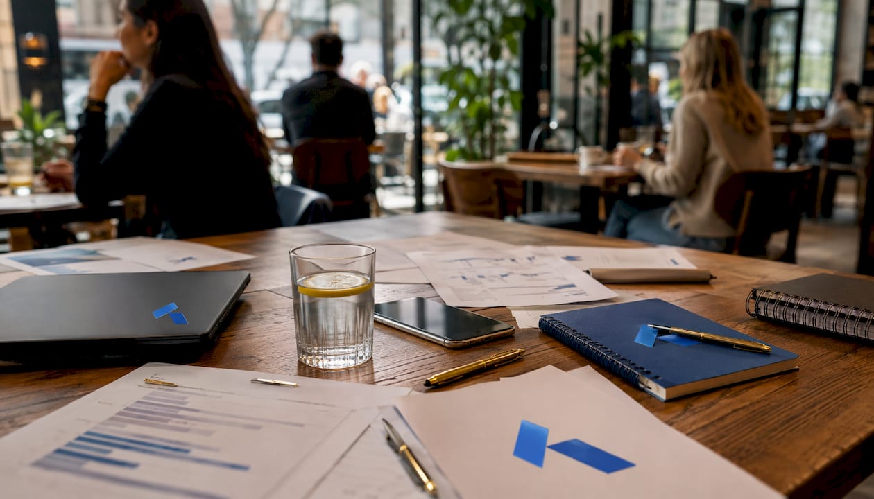 Workspace with strategic brief documents and Blue Prysm logo