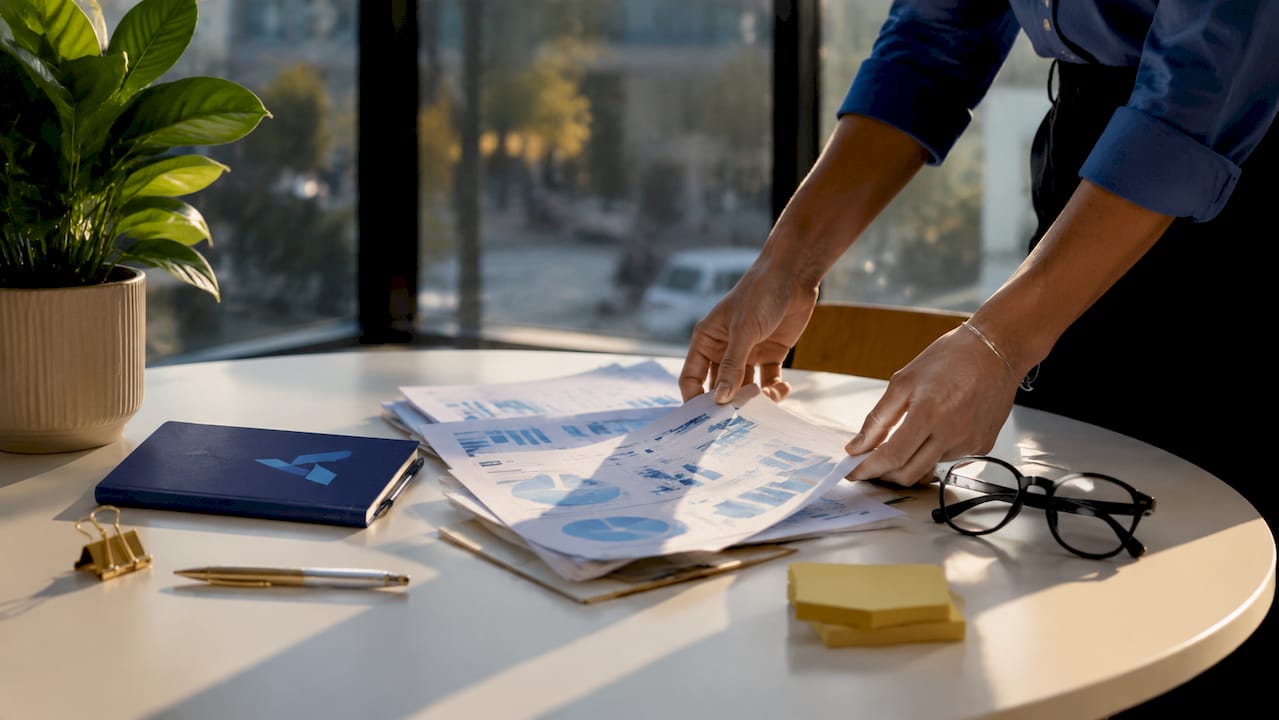 Hands sorting business competition reports with Blue Prysm logos