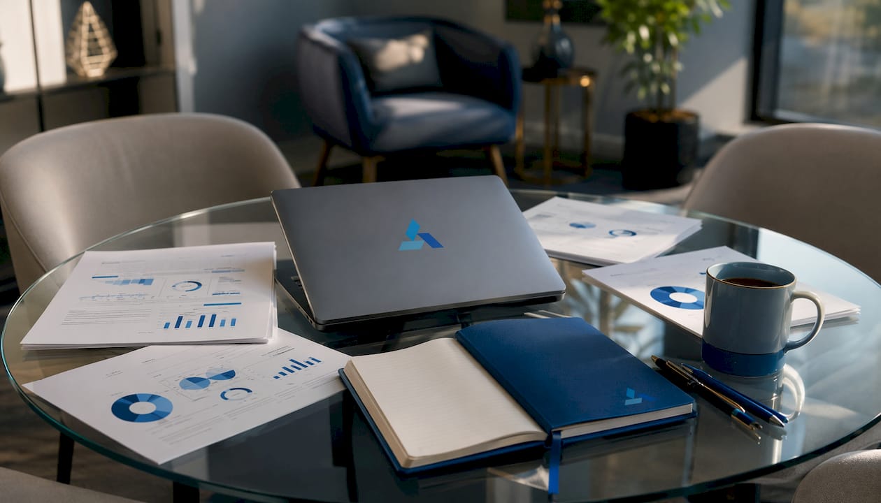 Overhead view of AI strategy tools on conference table