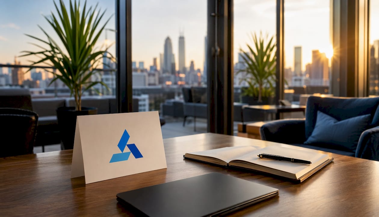 Corporate decision support meeting setup with Blue Prysm logo