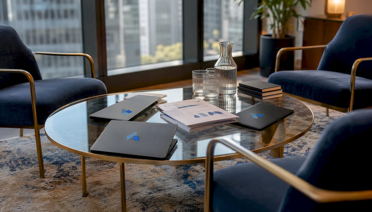 Conference table with sales strategy materials and Blue Prysm logos
