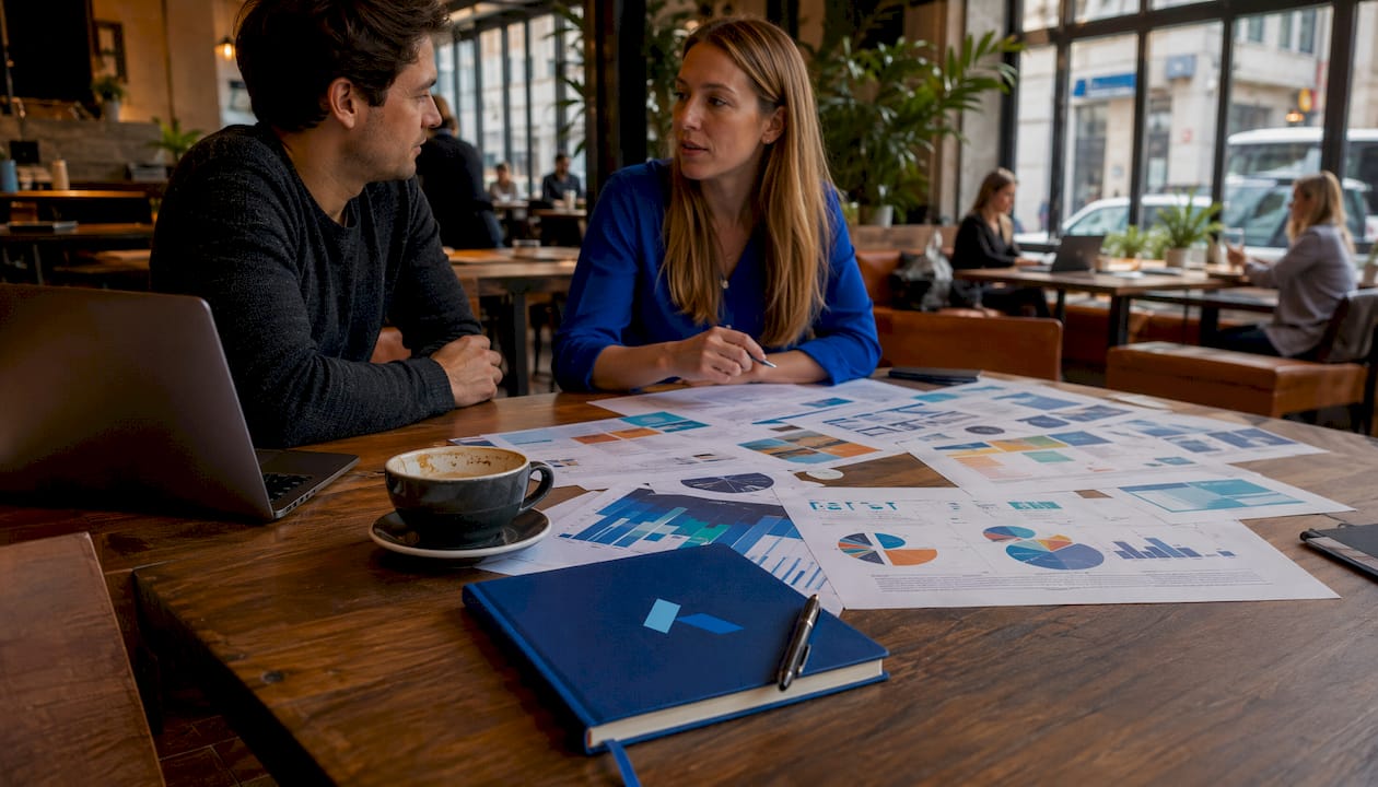 Workspace with market assessment reports and Blue Prysm logo