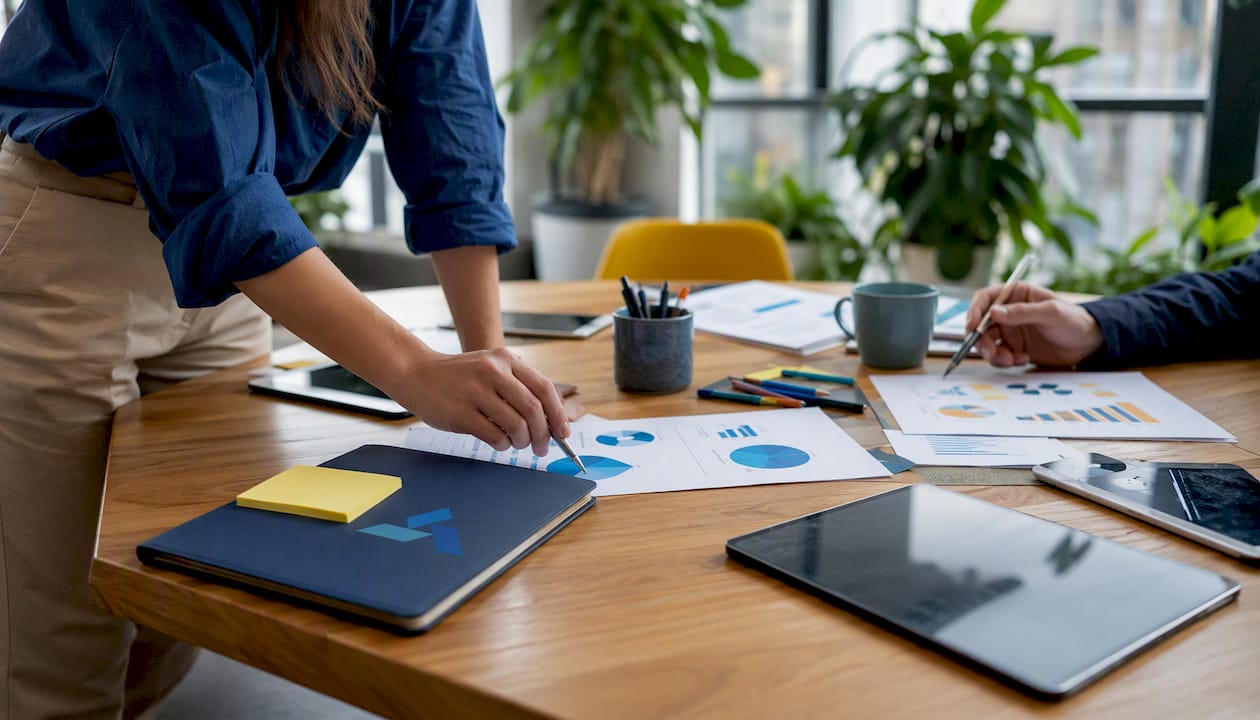 Workspace with market research documents and Blue Prysm logo