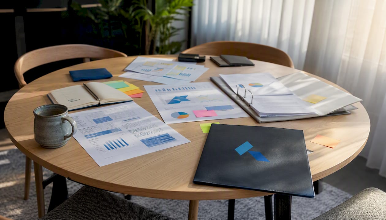 Desk with business planning materials and Blue Prysm logo