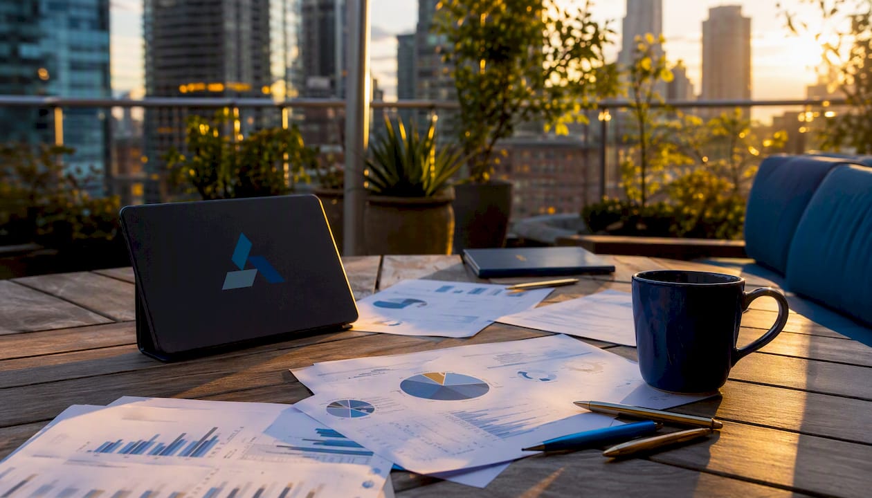 Workspace with Blue Prysm branded devices and printed reports