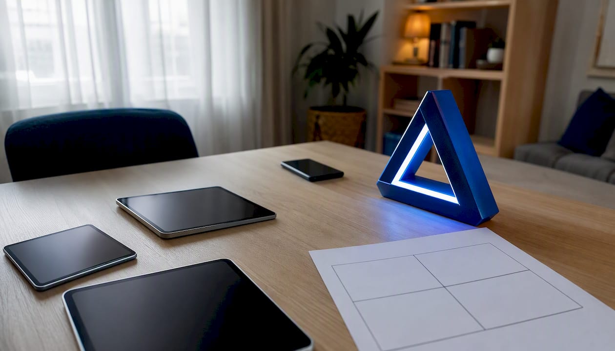 Workspace with SWOT materials and Blue Prysm logo